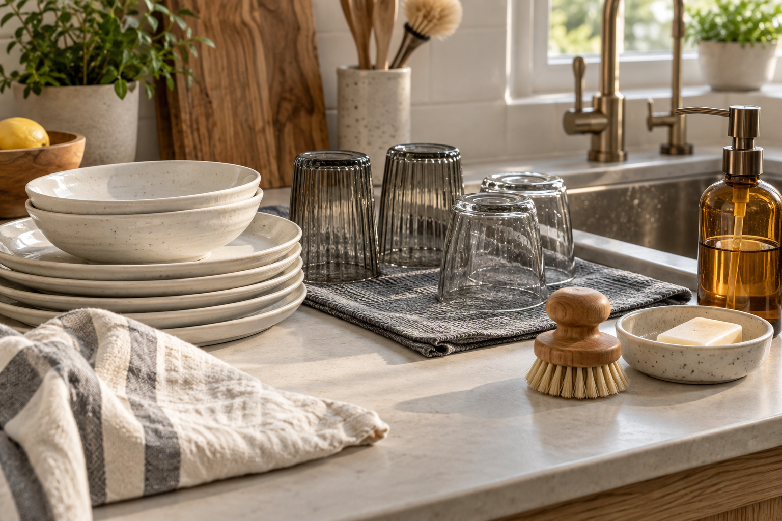 Clean tableware and glassware drying beside a kitchen sink