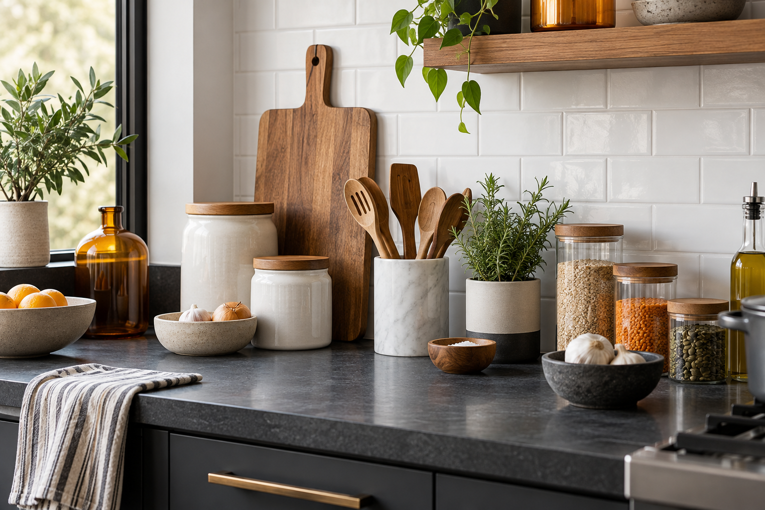 Organised Home Smarten kitchen counter with jars and wooden boards