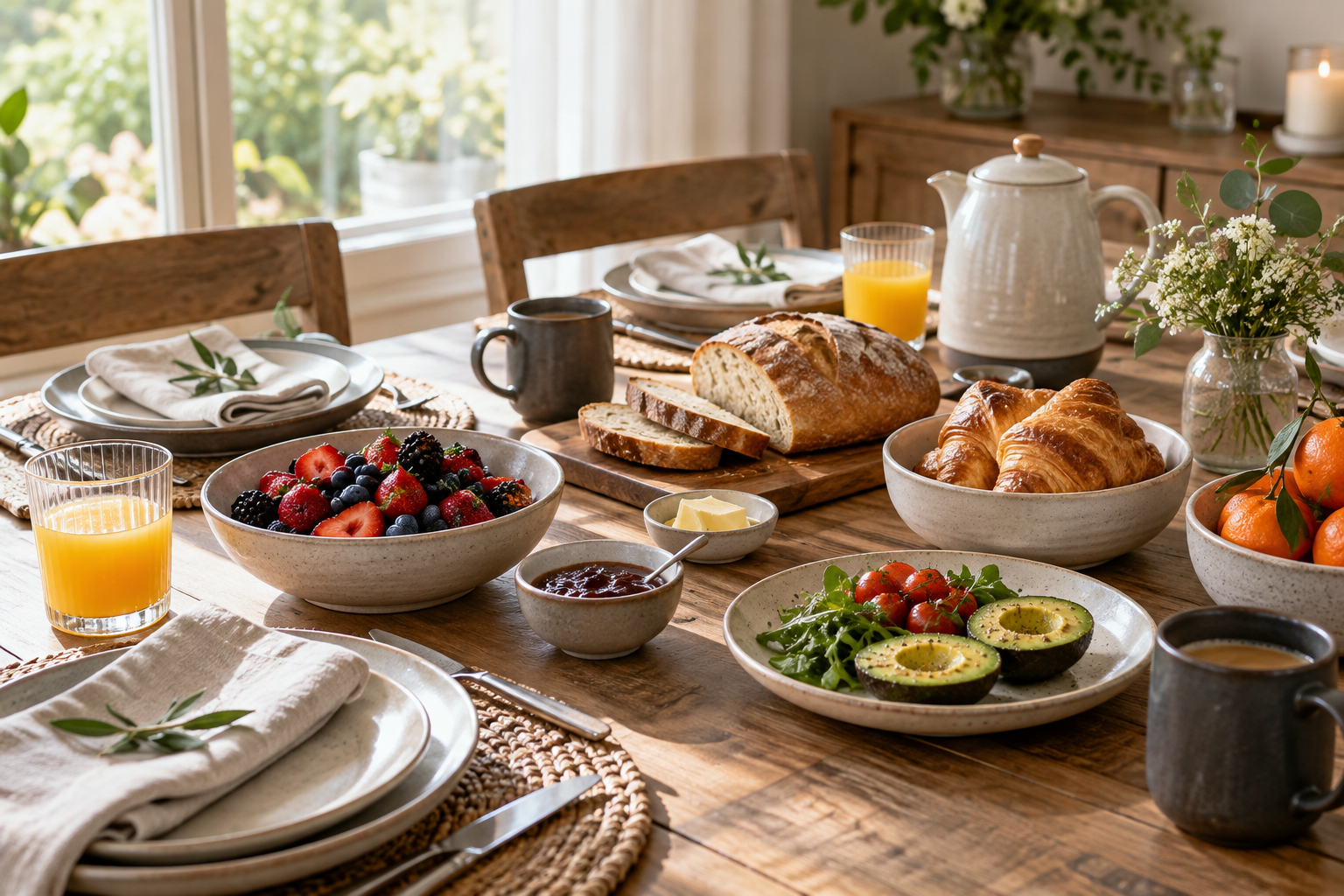 Weekend brunch table with ceramic bowls and mugs