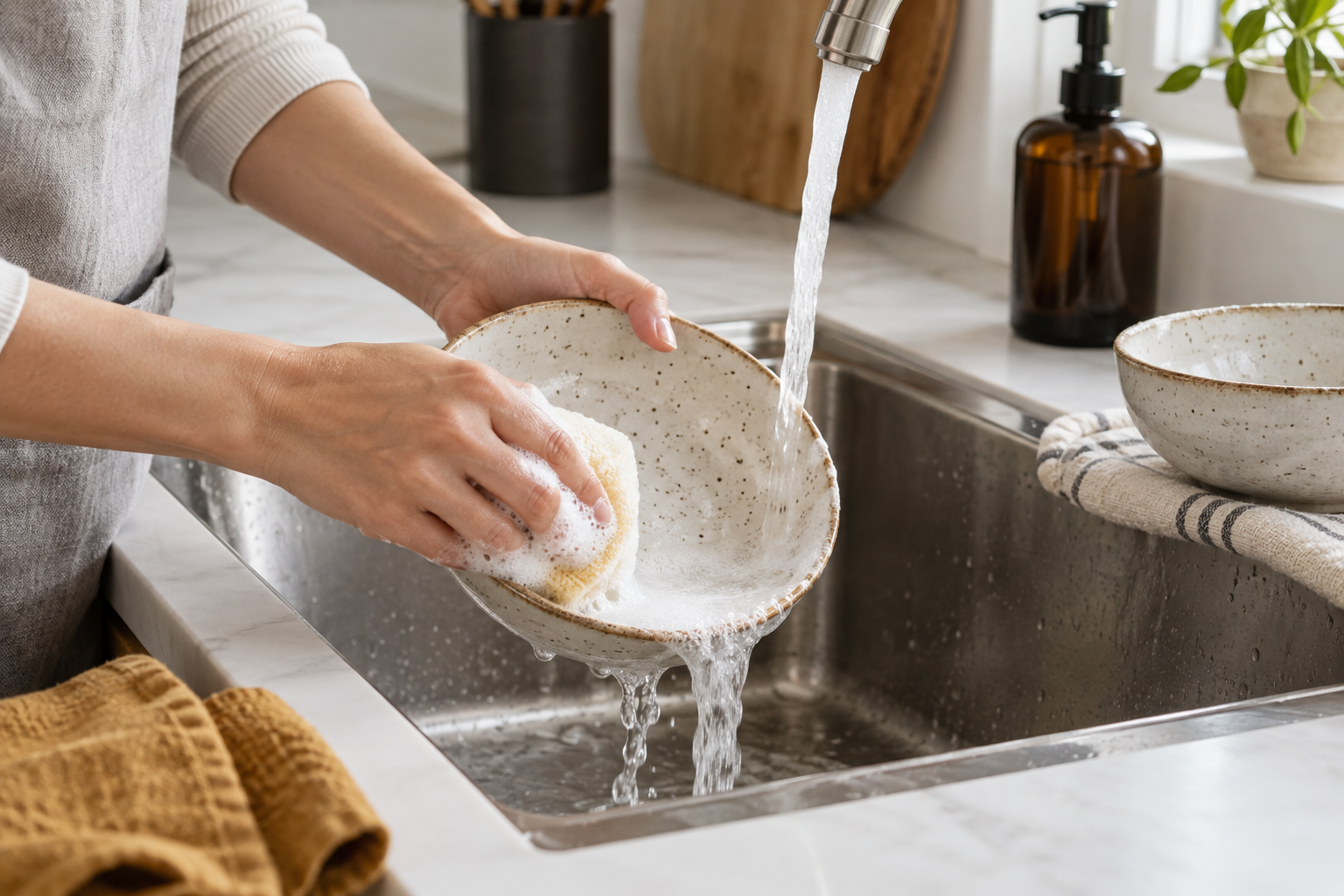 Hands washing a ceramic bowl in a kitchen sink